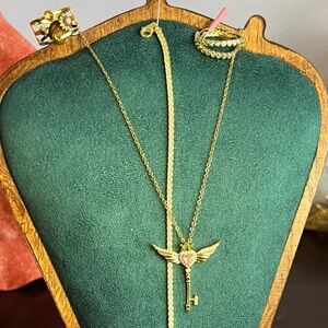 Gold Winged Key Pendant Necklace, CZ Diamond Bracelet, Earrings, Whimsical Ring